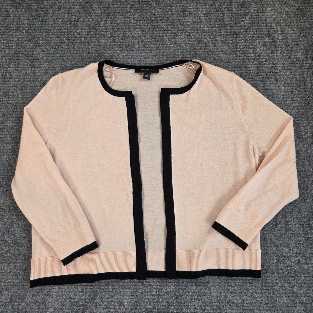 Ann Taylor Petite Pink Black Contrast Trim Cropped Open Front Cardigan LP Wool